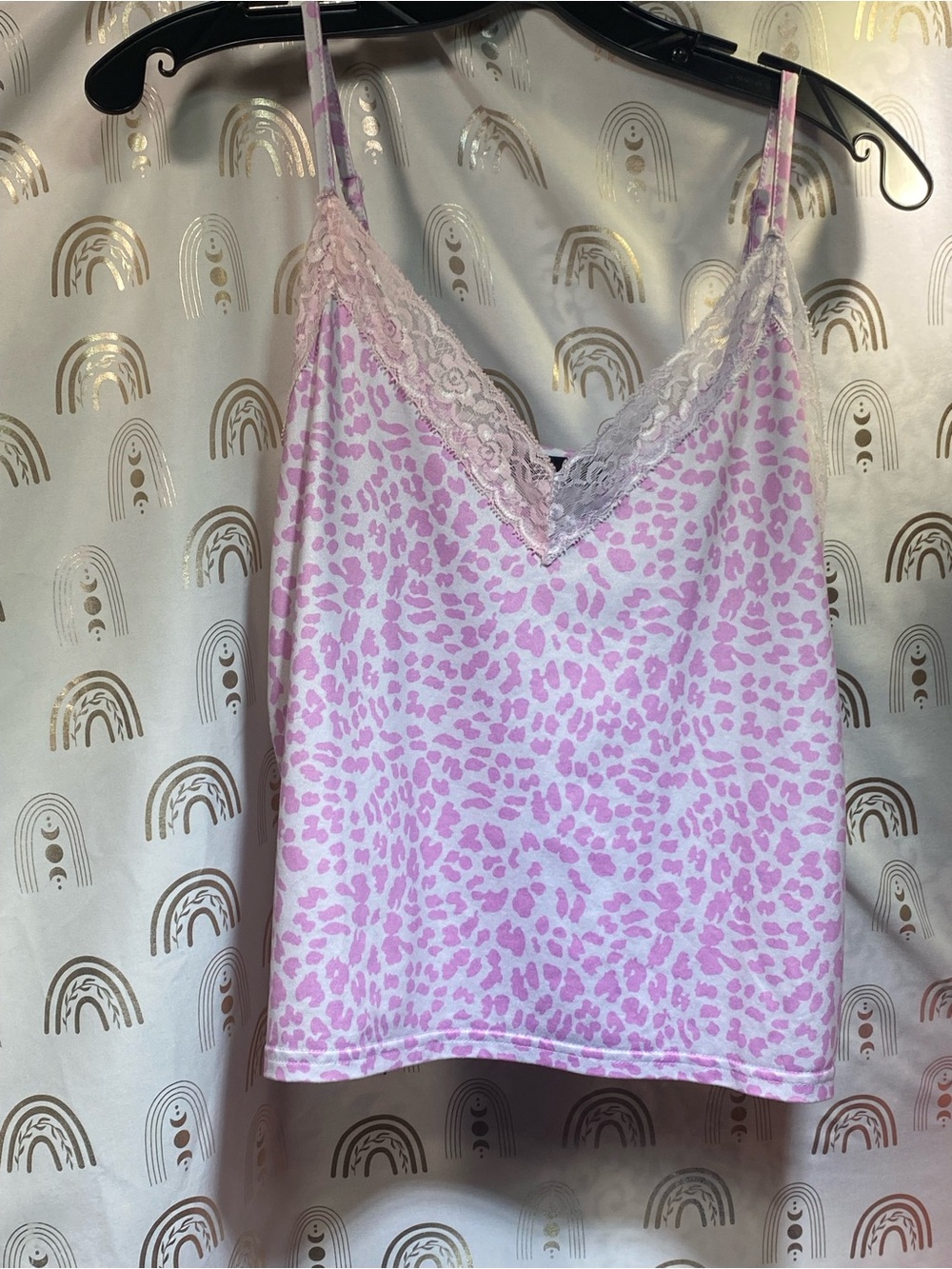 SHEIN Pink Leopard Lace-Trim Cami Tank Top